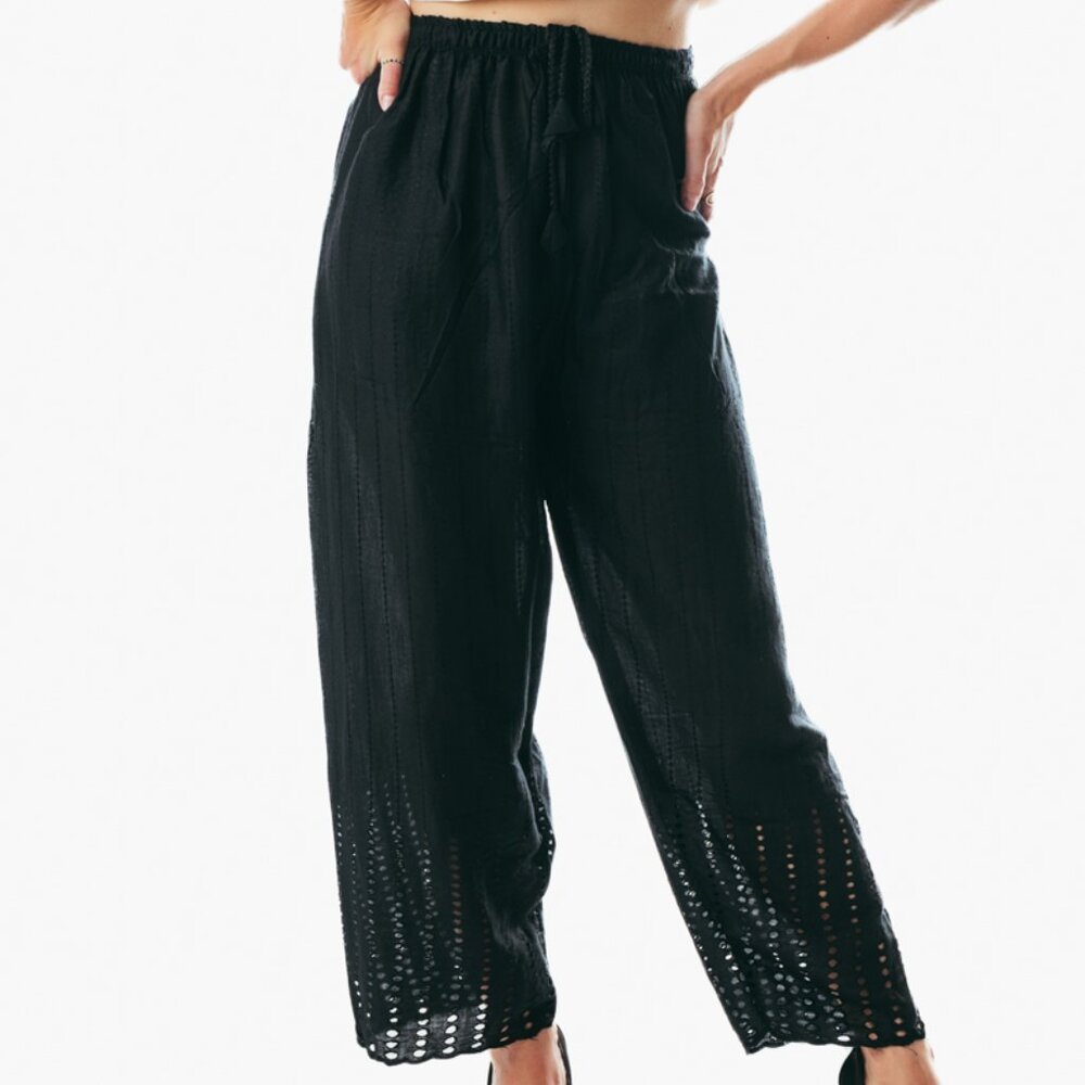 Women black pants laced straight one size summer casual lightweight trousers